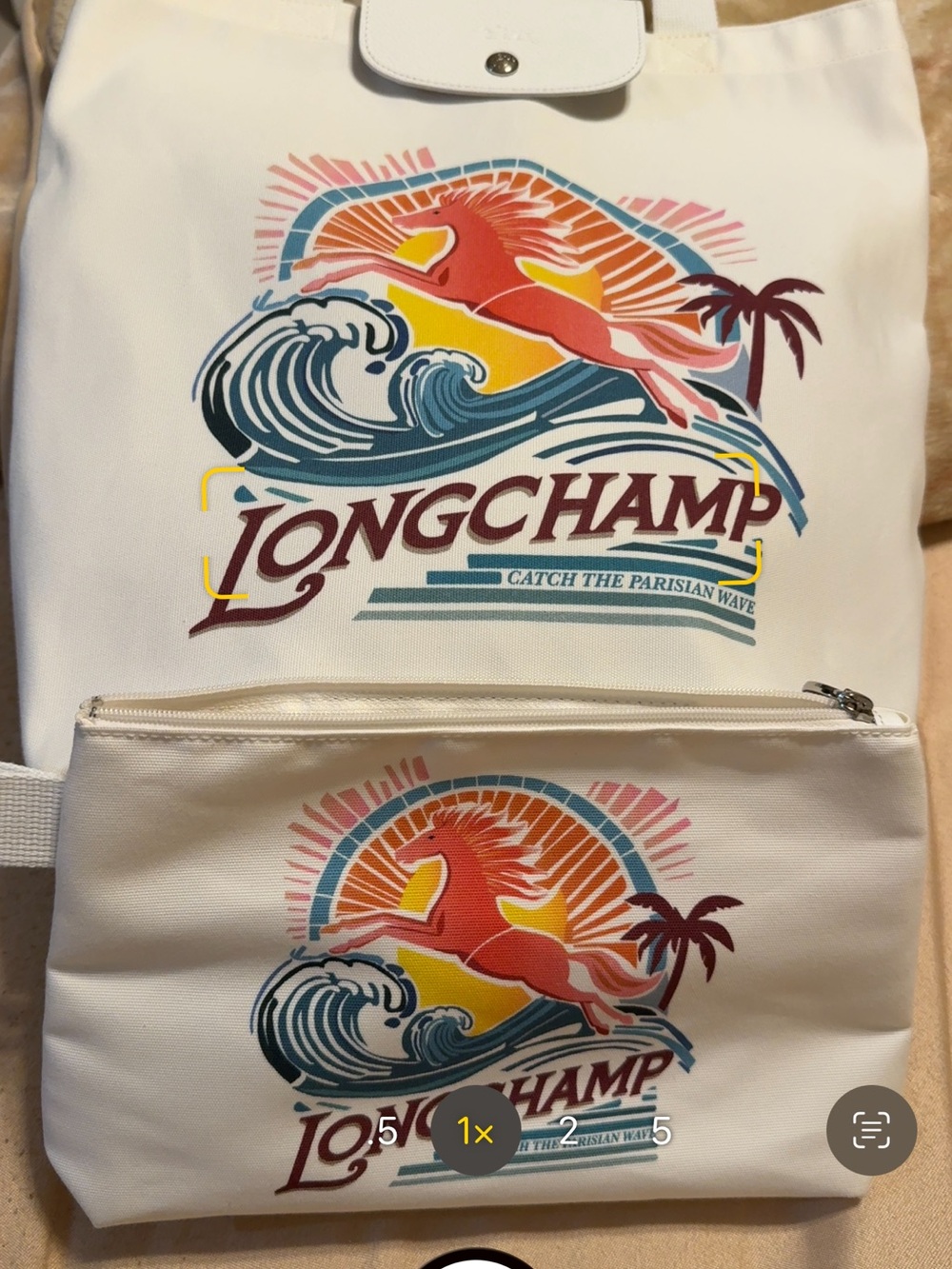 Longchamp NWTs White Canvas Tote with matching pouch
